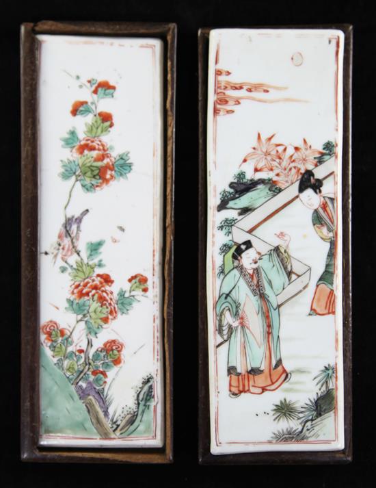 Two Chinese famille verte plaques, Kangxi period, 19.5 x 6.5cm, restorations